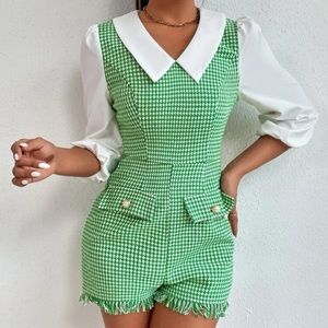 SHEIN PETITE Houndstooth Raw Hem Contrast Collar Lantern Sleeve Tweed Romper